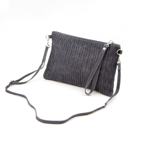 Italian real leather weave pattern clutch with cross body strap