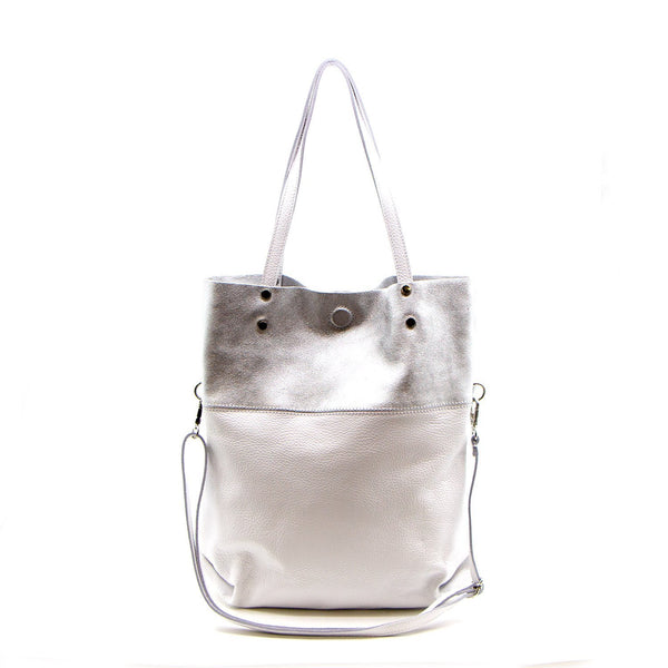 Italian real leather two tone tote bag with high quality magnetic fastener