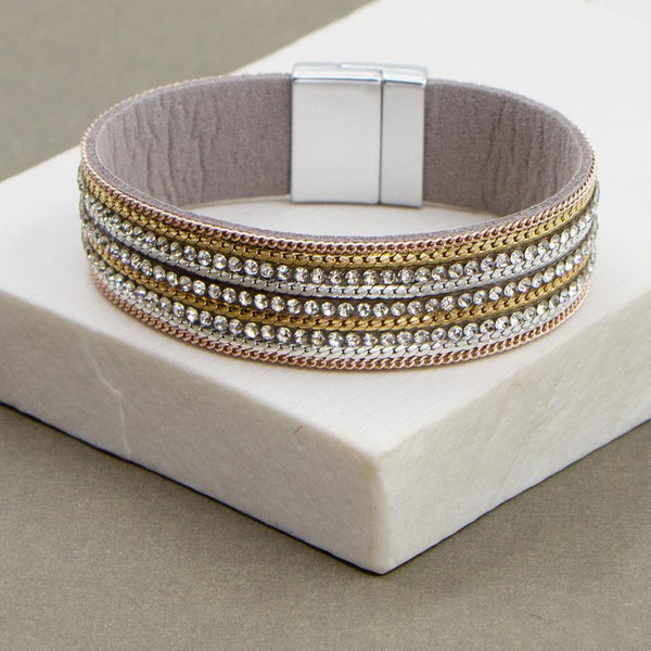 Cuff bracelet with crystals and chain elements