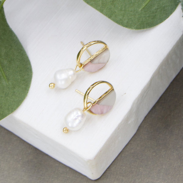 Gold plated circle studs with shell and fresh water pearls