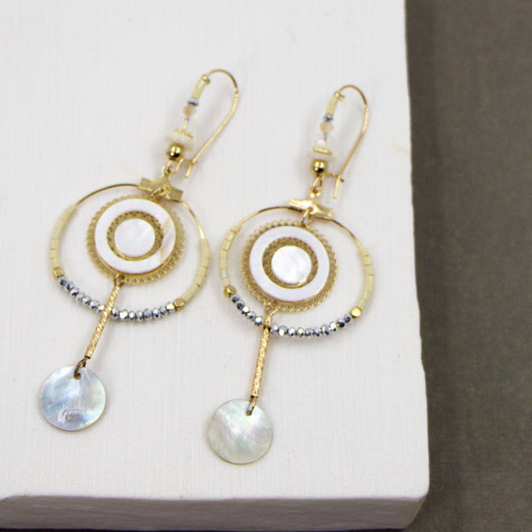 Gold plated double circle earrings with shell inlay