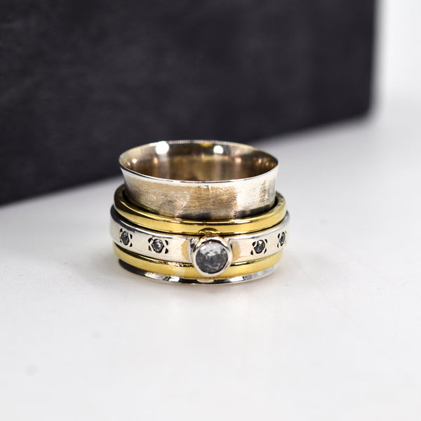 925 silver ring with CZ crystals and brass spinning bands - Spinning Rings