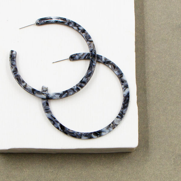 Grey marble resin flat and thin hoop earrings