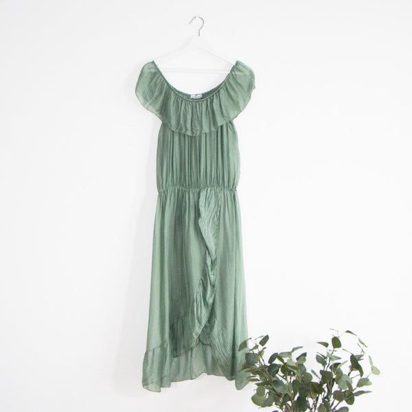 Bardot off the shoulder silk goddess dress with ruffle slit hemline - Clothing