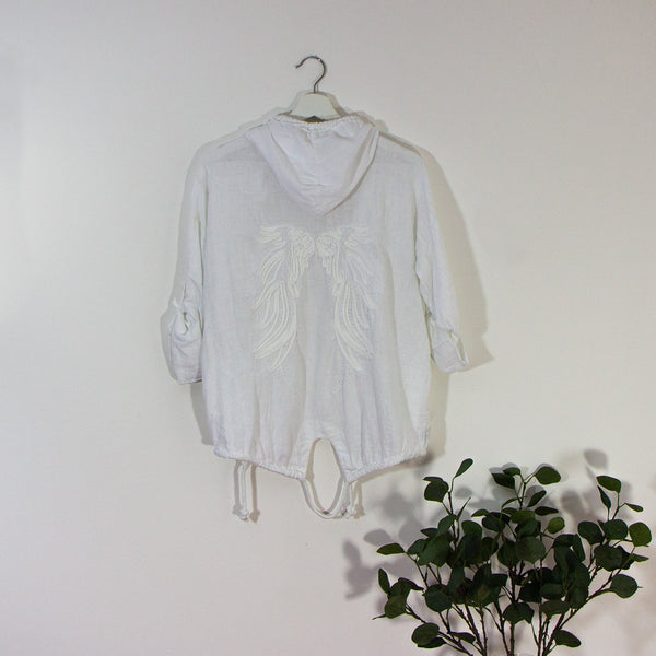 Short linen hoodie with embroidered angel wing motif on back - Clothing