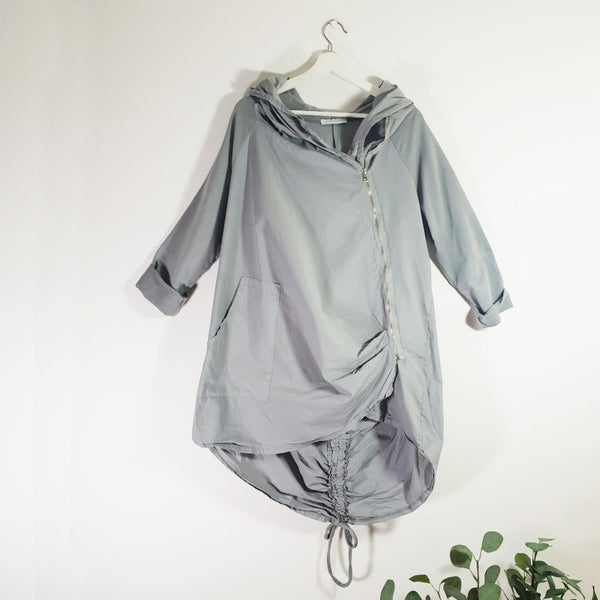 Hooded cotton and jersey mix Parka jacket with A-symmetric zip and drawstring detail - Clothing