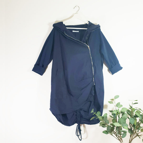 Hooded cotton and jersey mix Parka jacket with A-symmetric zip and drawstring detail - Clothing