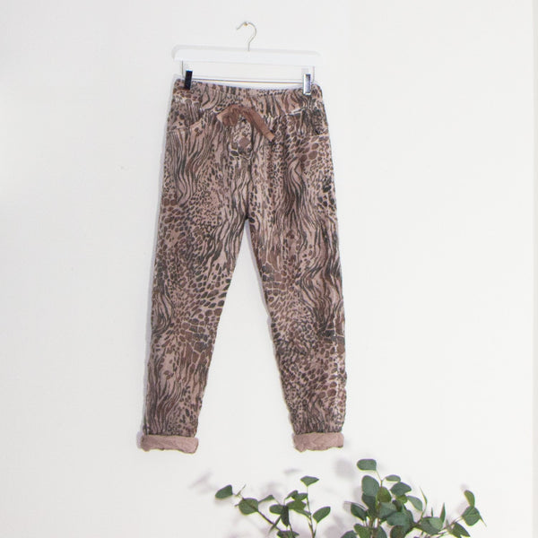 Nubuck soft fabric stretchy trousers with drawstring elastic waist and pockets