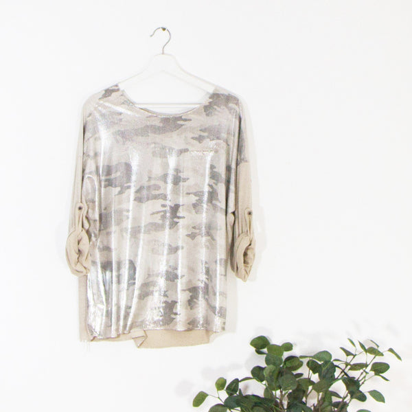 Subtle camo print  top with silver hot print sheen