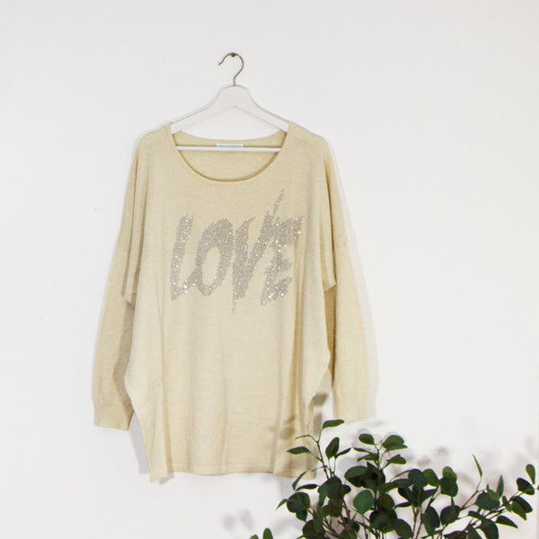 Edgy 'LOVE' crystal motif free size jumper - Clothing