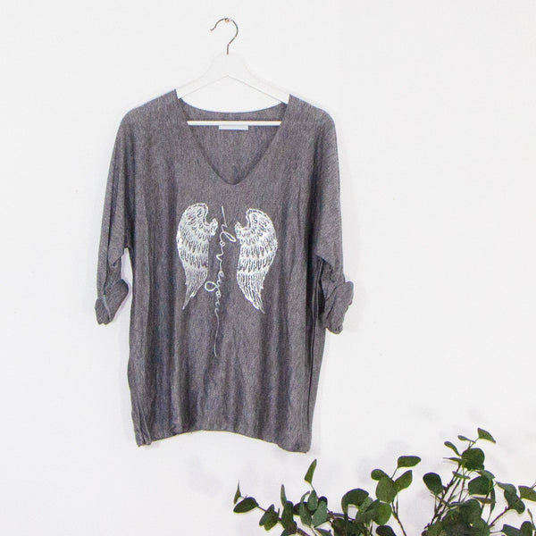 Fine knit v neck angel wing top