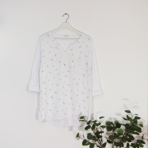 Casual long sleeve top with subtle feather print and pocket - Clothing