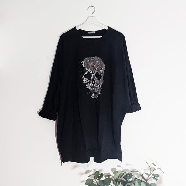 Substantial free size top with crystal skull motif with zip back