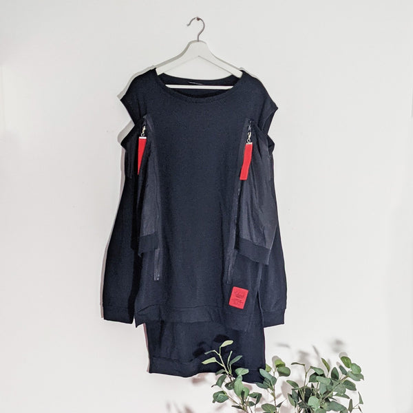 High low top with double zip and cut out detail and parka fabric panels
