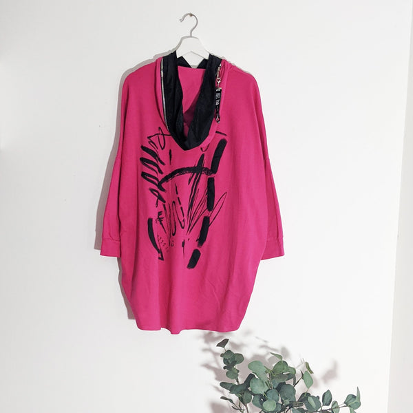 Hooded high low top with zip detail and graffiti print back