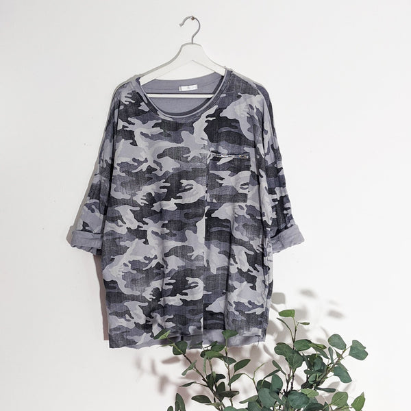 Camo print top with raw edge crystal trim pocket