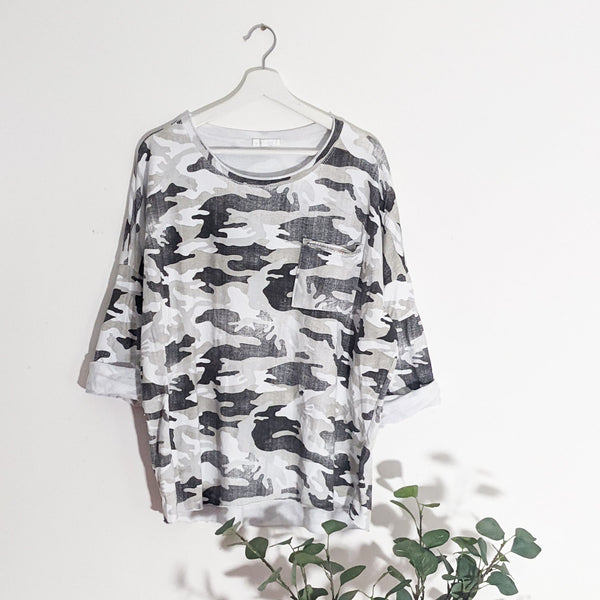 Camo print top with raw edge crystal trim pocket