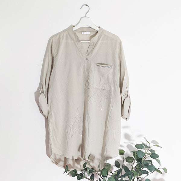 Collarless shirt with subtle crystal star motifs and pocket
