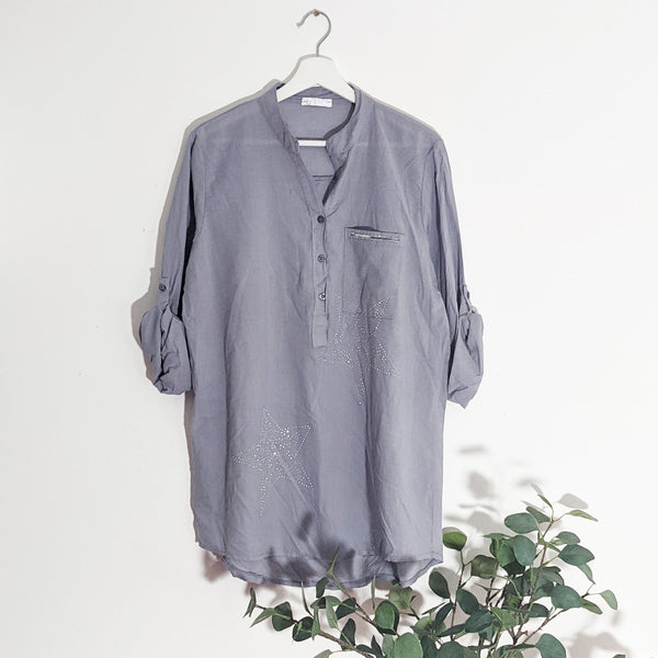 Collarless shirt with subtle crystal star motifs and pocket